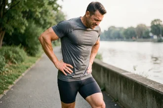 Coureur masculin tenant sa hanche gauche douloureuse lors d'une pause sur un chemin de parc, illustrant la coxarthrose chez le sportif
