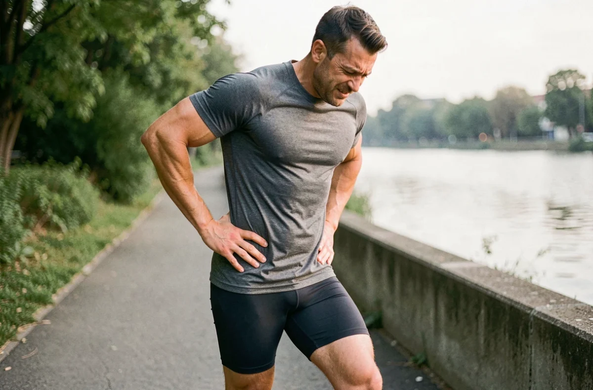 Coureur masculin tenant sa hanche gauche douloureuse lors d'une pause sur un chemin de parc, illustrant la coxarthrose chez le sportif