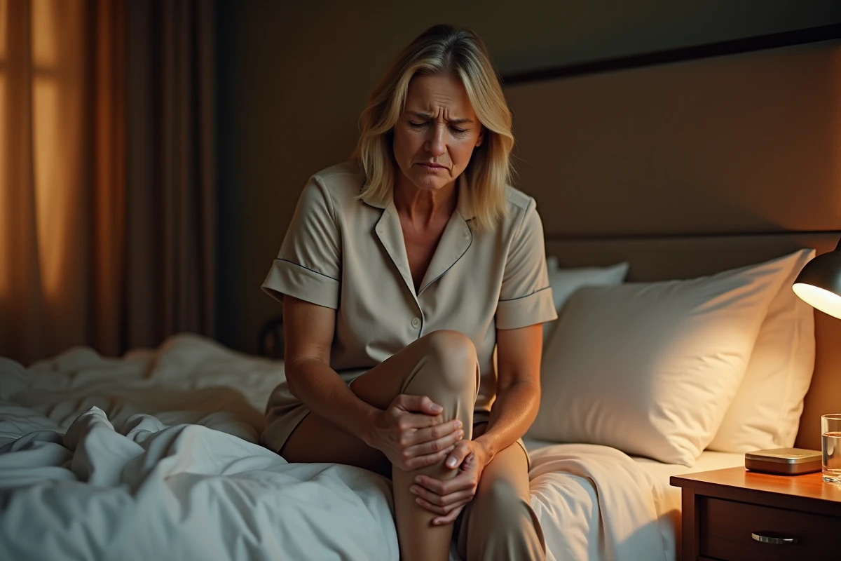 Femme d'âge mûr assise sur le bord du lit la nuit, tenant sa jambe en raison d'une crampe nocturne douloureuse