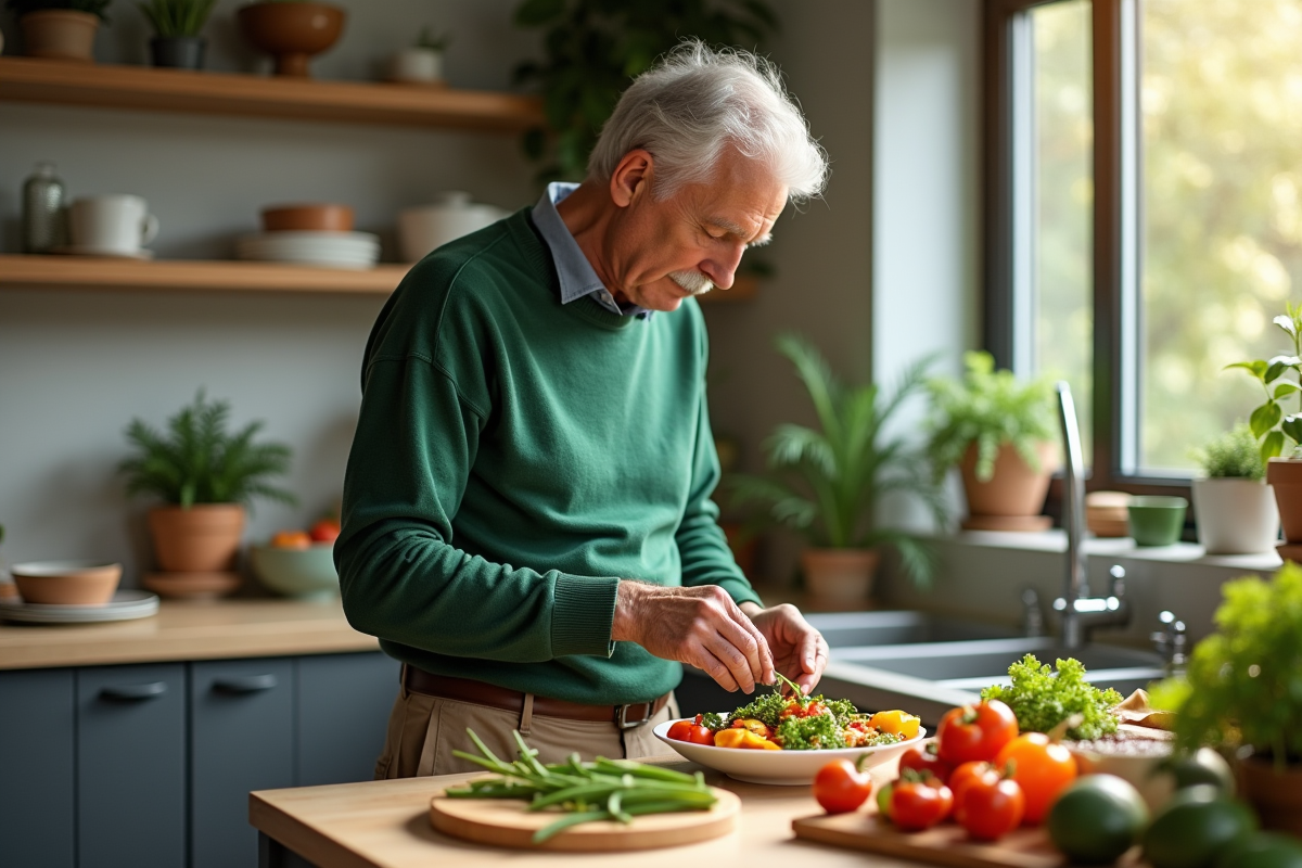 Homme âgé préparant un repas végétal dans la cuisine