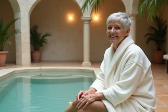 Femme en robe de bain profitant d'une cure thermale rhumatologie dans un spa thermal en pierre