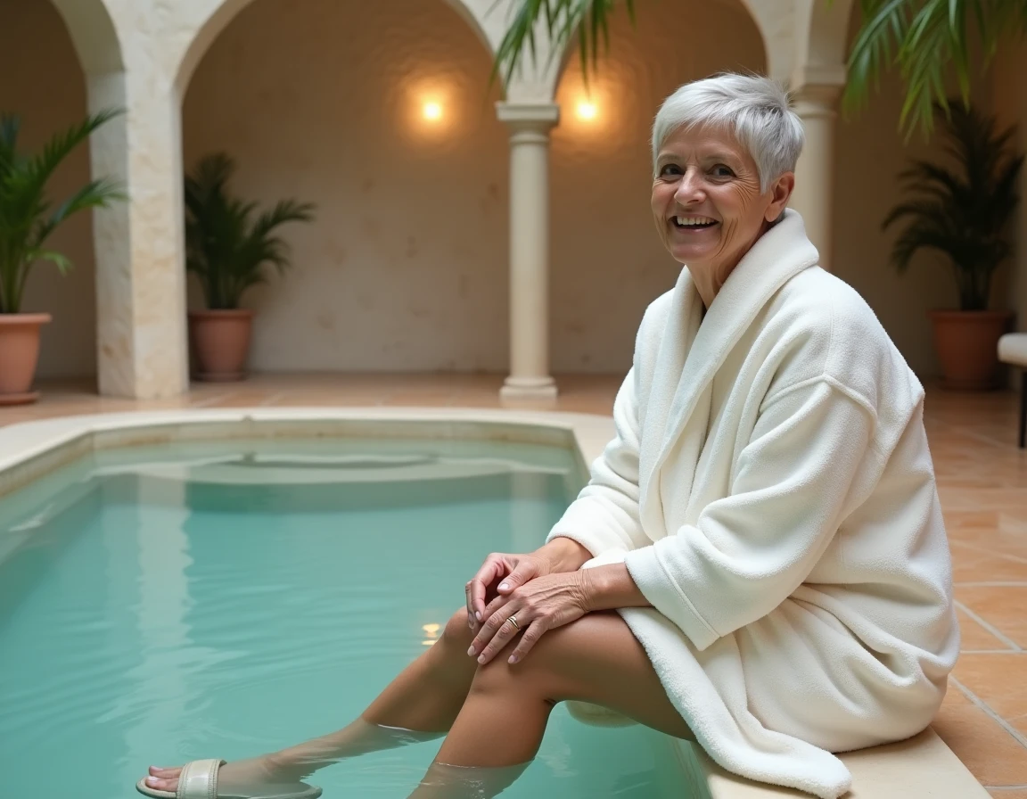 Femme en robe de bain profitant d'une cure thermale rhumatologie dans un spa thermal en pierre