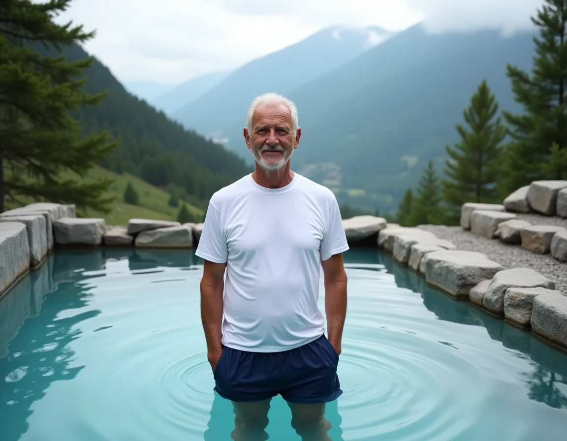 Senior en cure thermale rhumatologie dans une piscine thermale extérieure en montagne