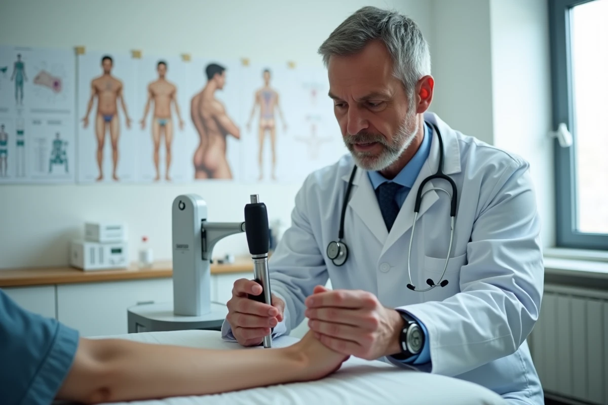 Dermatologue examinant la peau d'un patient avec un dermatoscope en cabinet médical spécialisé