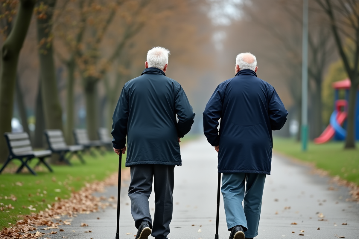 Deux hommes seniors marchant dans un parc urbain