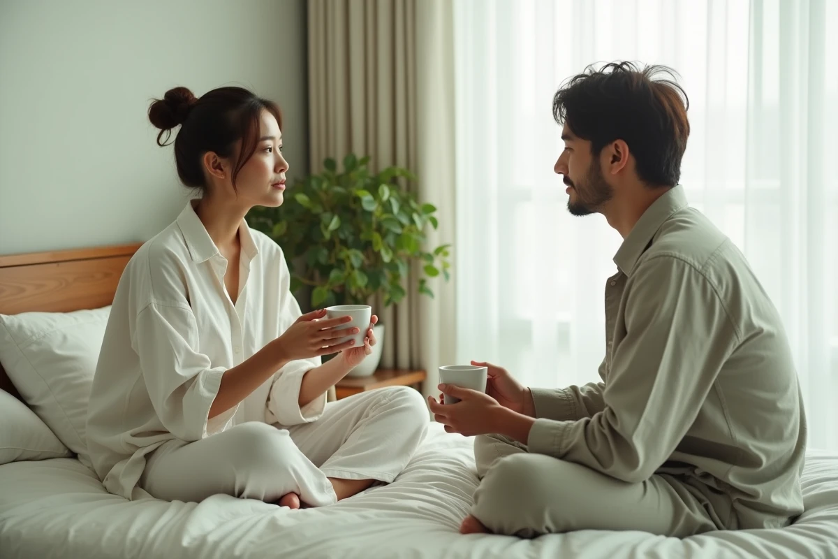 Femme et homme partageant une conversation bienveillante dans une chambre minimaliste, symbolisant l'écoute et la confiance dans le couple
