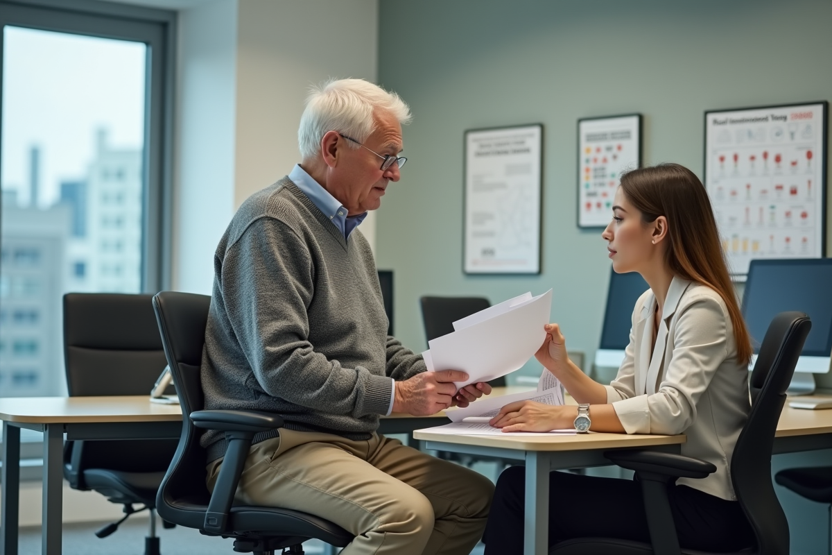 Homme âgé en discussion avec une assistante sociale dans un bureau moderne