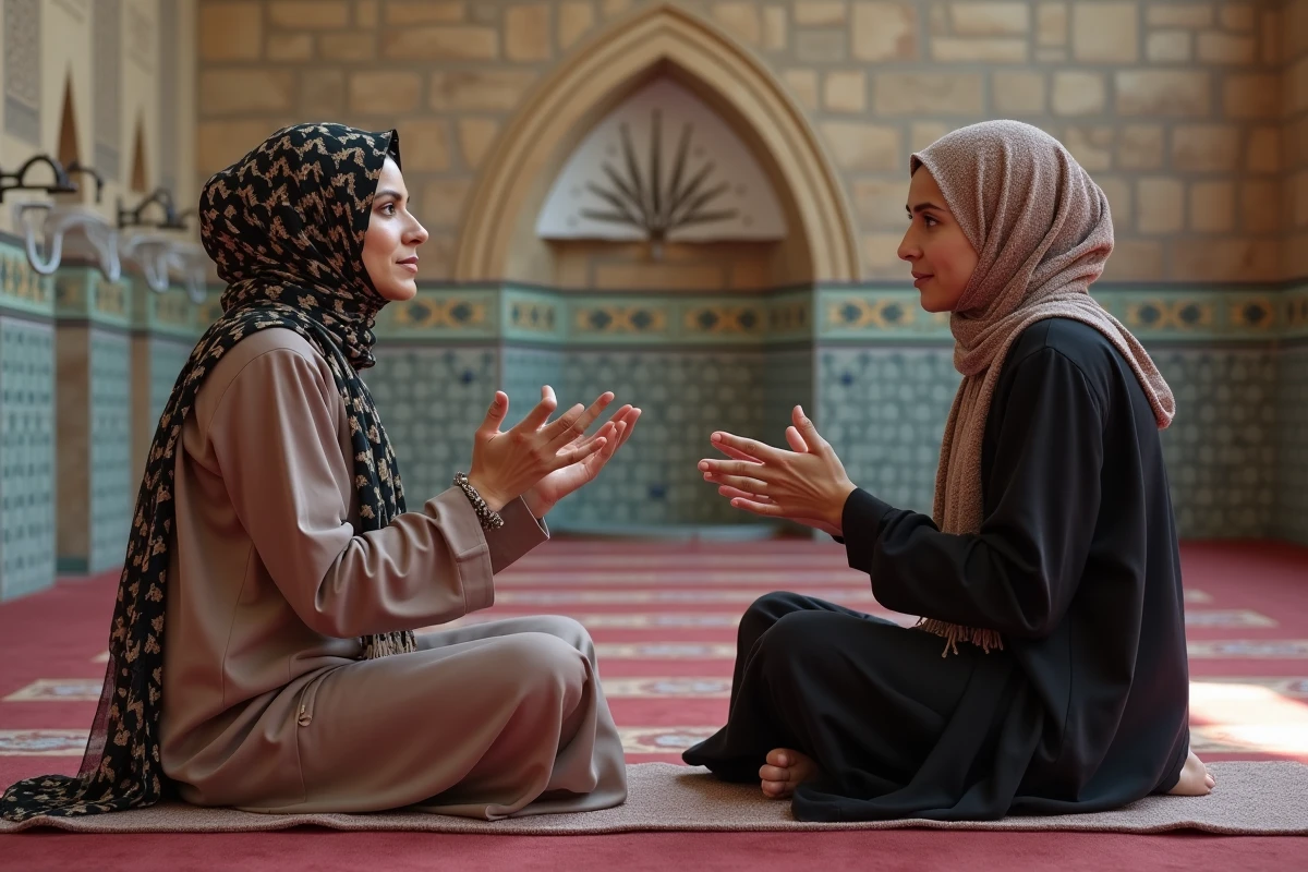 Deux femmes musulmanes discutant pr&egrave;s d une mosquee