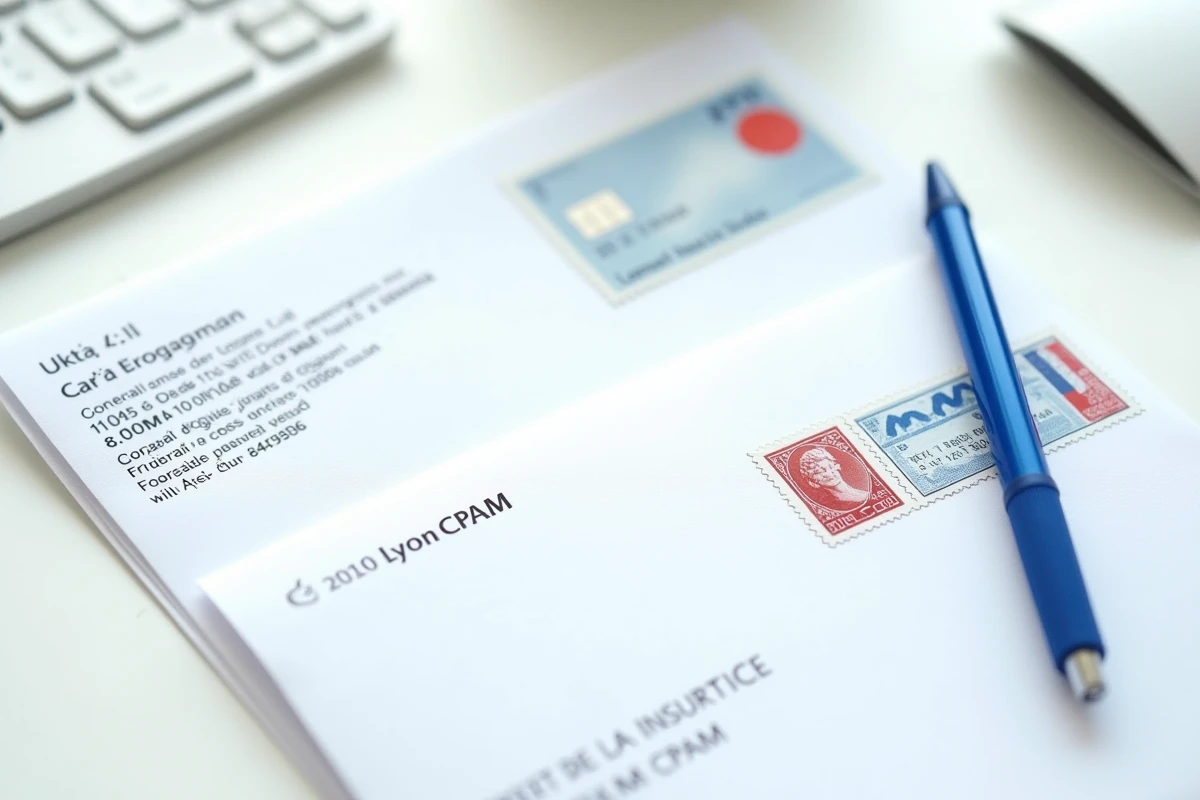 Documents officiels CPAM Lyon avec enveloppe timbrée et carte Vitale en vue de dessus