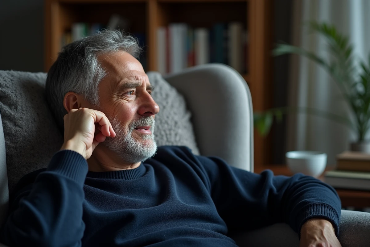 Homme vivant avec la douleur chronique liée à un cancer de la mâchoire, posant la main sur sa joue dans un moment de répit à domicile