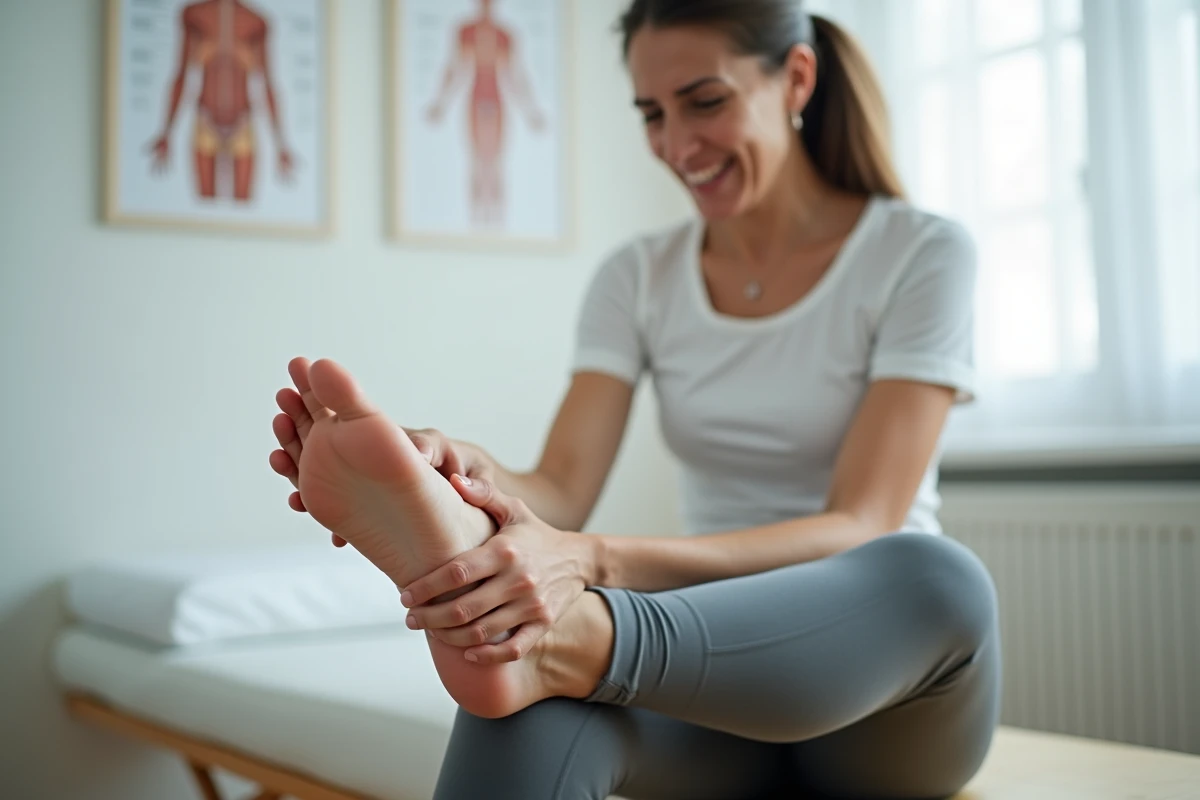 Femme tenant le côté extérieur de son pied gauche dans une clinique de physiothérapie, douleur latérale du pied