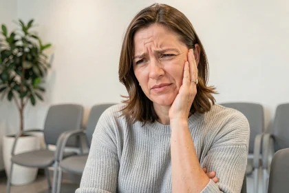 Femme tenant sa joue en signe de douleur dentaire dans une salle d'attente de cabinet dentaire