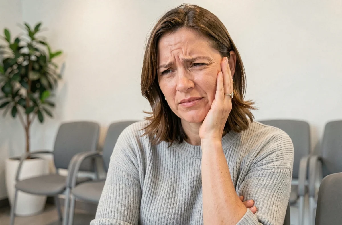 Femme tenant sa joue en signe de douleur dentaire dans une salle d'attente de cabinet dentaire