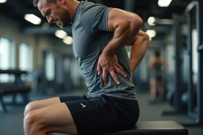 Homme tenant son bas du dos après une séance de sport, douleur haut des fesses visible