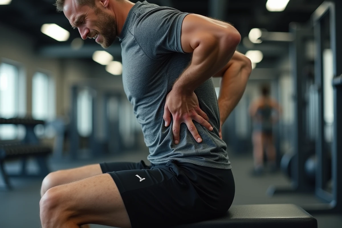 Homme tenant son bas du dos après une séance de sport, douleur haut des fesses visible