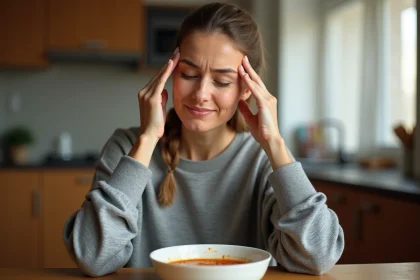 Femme ressentant une douleur au palais en mangeant, assise à une table de cuisine