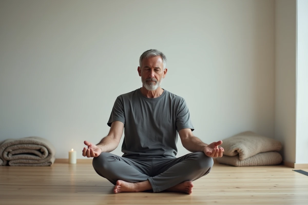 Homme en méditation avec tension sur le côté gauche de la tête, dans une pièce minimaliste symbolisant le conflit intérieur