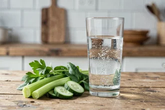 Verre d'eau minérale gazeuse riche en bicarbonate posé sur une table en bois avec des légumes frais pour illustrer l'alimentation favorable aux reins