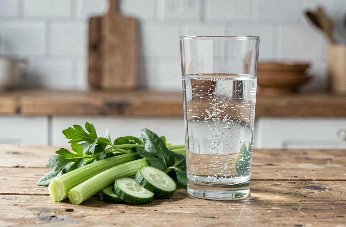 Verre d'eau minérale gazeuse riche en bicarbonate posé sur une table en bois avec des légumes frais pour illustrer l'alimentation favorable aux reins