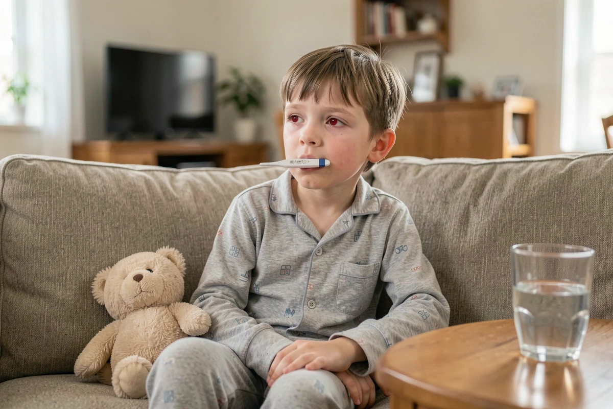 Enfant malade sur le canapé avec thermomètre, illustrant l'absence scolaire due à la grippe et sa durée d'incubation