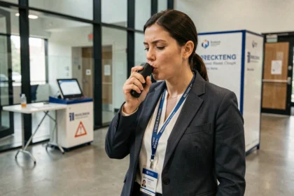 Femme professionnelle soufflant dans un éthylotest lors d'une soirée d'entreprise, simulation alcool prévention sécurité routière