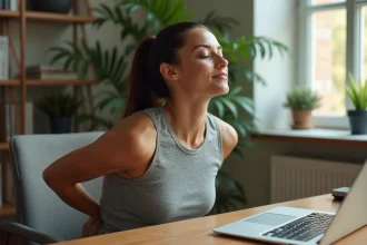 Femme pratiquant un étirement du dos assis à son bureau à domicile pour soulager les tensions musculaires