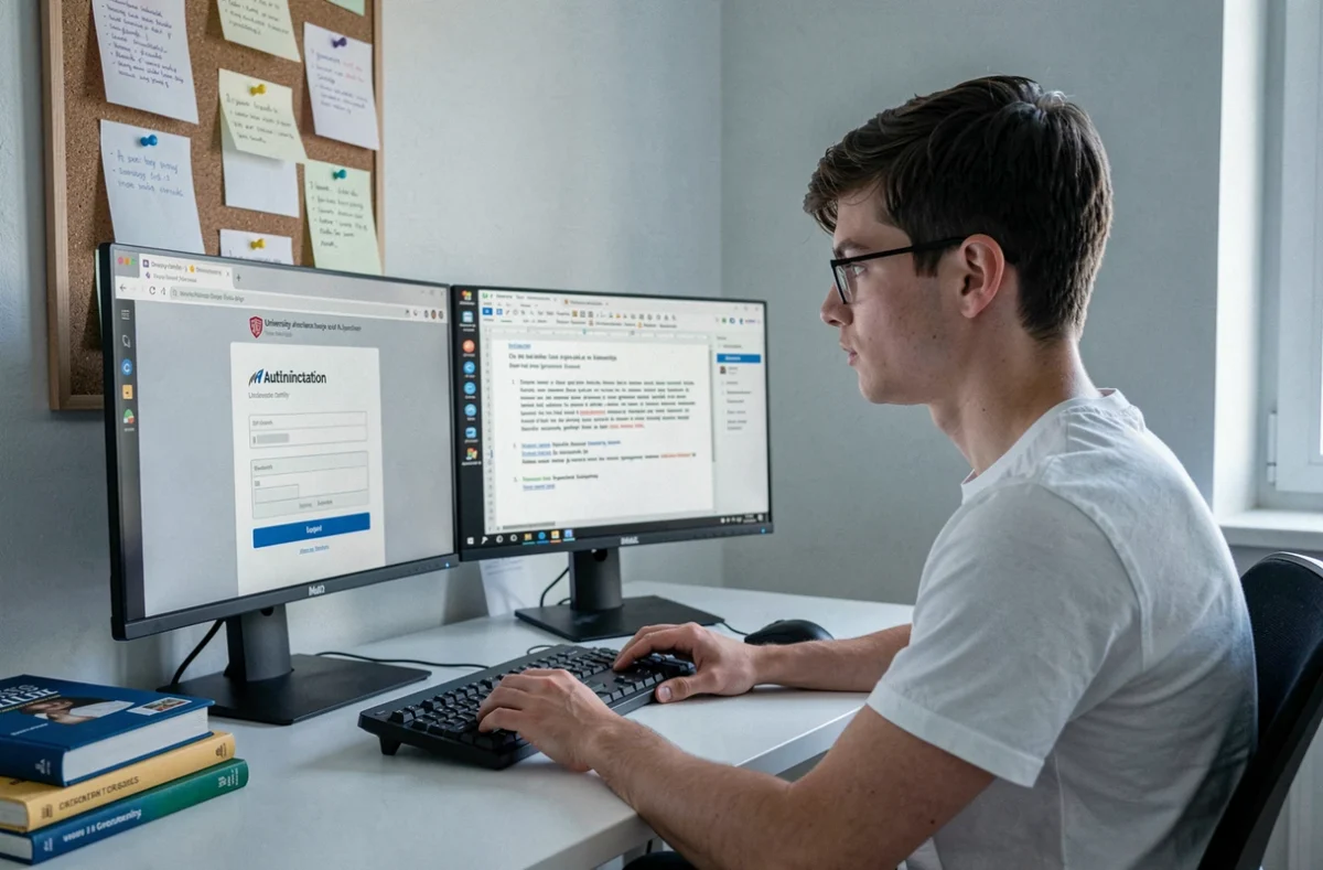 Étudiant masculin se connectant à un portail universitaire depuis son bureau à domicile avec deux écrans