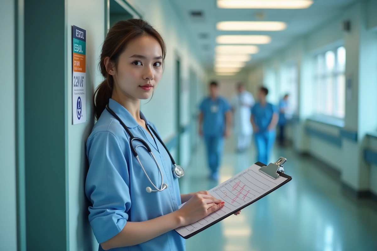 Jeune étudiante en médecine tenant un ECG dans un couloir d