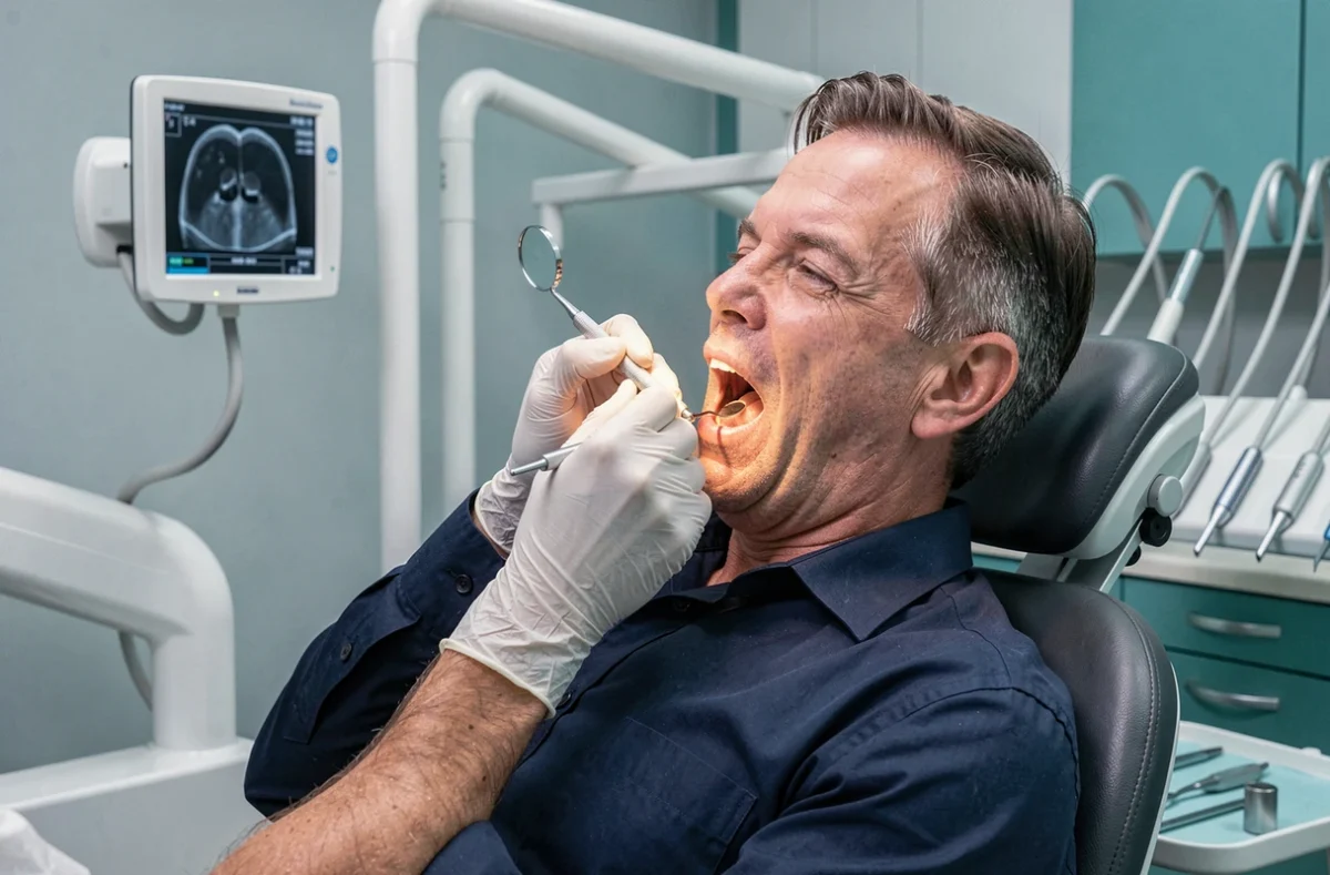 Dentiste examinant la dent douloureuse d'un patient adulte dans un cabinet dentaire moderne
