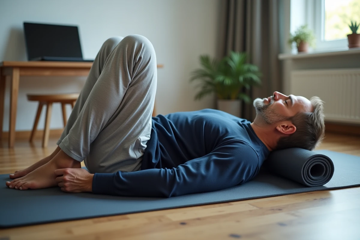 Homme allongé sur un tapis de fitness pratiquant un exercice d'étirement pour calmer la douleur lombaire basse droite
