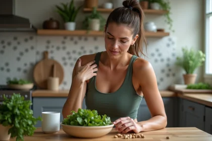 Femme active en tenue de sport se massant l'épaule dans une cuisine chaleureuse