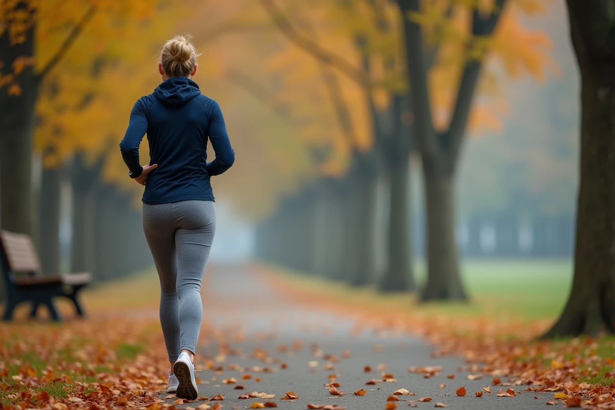 Femme senior marchant régulièrement dans un parc pour réduire les risques cardiovasculaires après pose de stent
