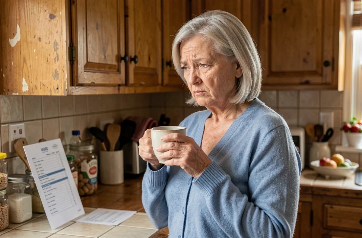 Femme âgée dans une cuisine tenant une liste de courses avec une expression pensive, illustrant les troubles de mémoire liés à la leucopathie vasculaire
