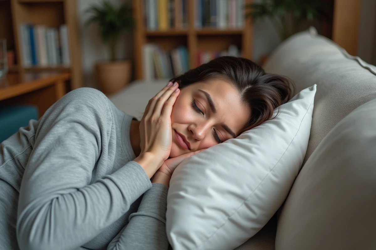 Femme allongée sur un canapé avec la main sur l'oreille gauche souffrant de sifflements