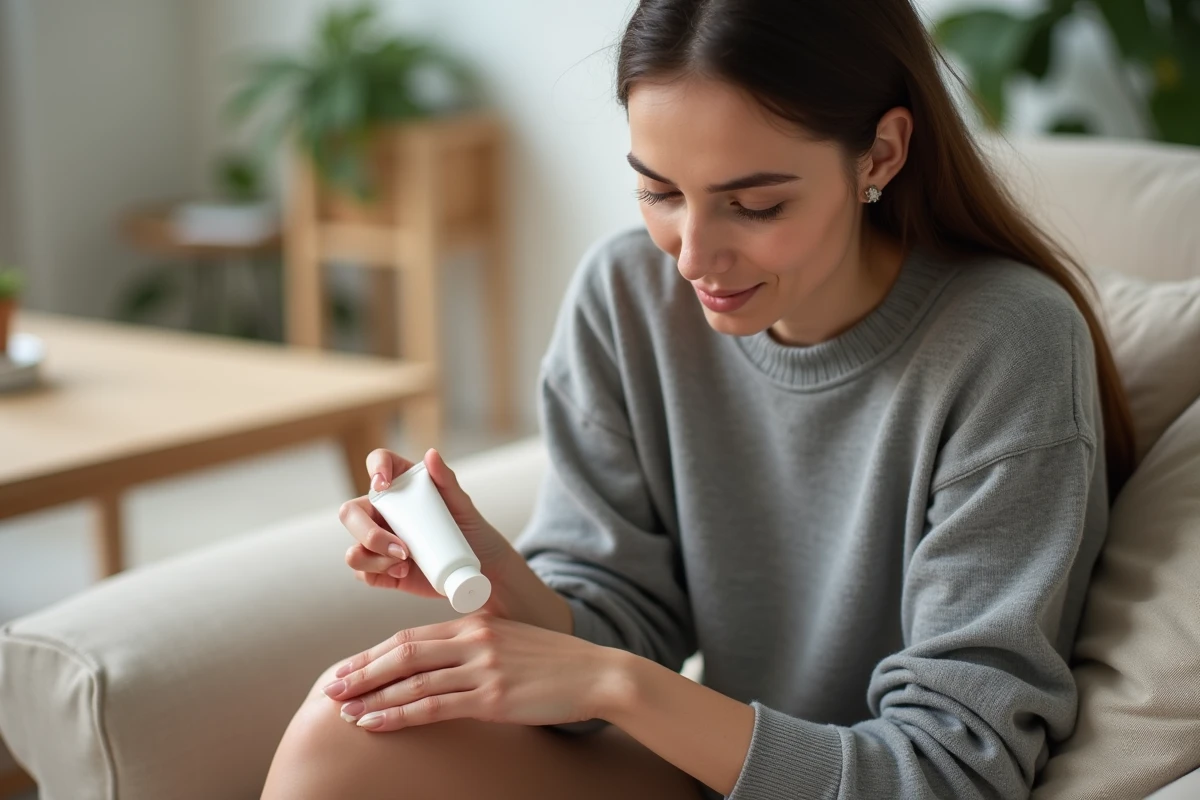 Femme appliquant une crème à la cortisone sur sa peau à la maison pour traiter une inflammation cutanée