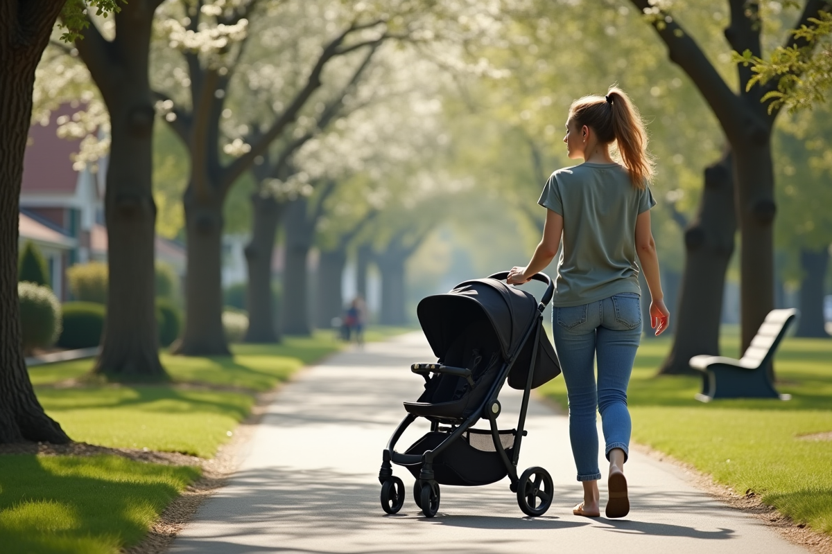 Femme marche avec poussette dans un parc verdoyant