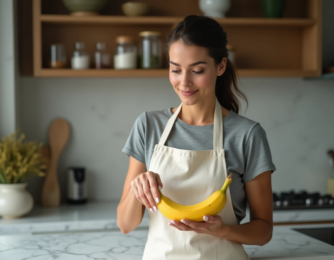Femme tenant une banane mûre dans une cuisine moderne, en lien avec le contenu calorique d'une banane selon sa maturité