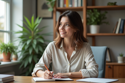 Femme concentrée prenant des notes dans un bureau moderne