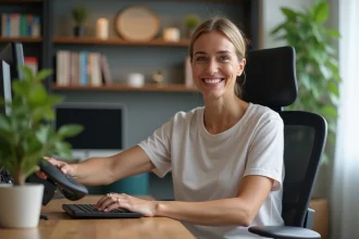 Femme souriante ajustant une chaise ergonomique dans un bureau à domicile