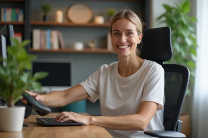 Femme souriante ajustant une chaise ergonomique dans un bureau à domicile