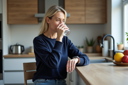 Femme en cuisine d&eacute;contract&eacute;e regardant sa montre