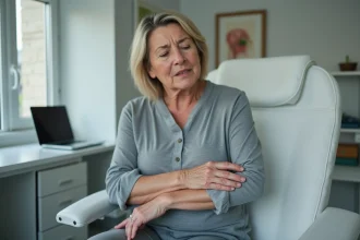 Femme d'âge moyen en consultation médicale se grattant l'avant-bras, illustrant les démangeaisons liées à un cancer