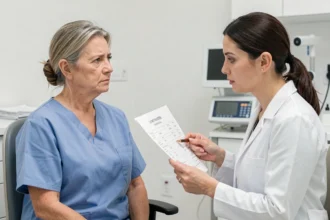 Femme d'âge mûr consultant son médecin pour des résultats d'analyse sanguine incluant le taux de GGT