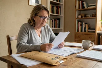 Femme d'une cinquantaine d'années consultant un dossier MDPH à domicile, entourée de documents administratifs officiels sur une table en bois
