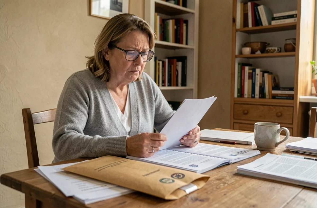 Femme d'une cinquantaine d'années consultant un dossier MDPH à domicile, entourée de documents administratifs officiels sur une table en bois