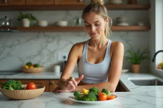 Femme en cuisine préparant des légumes frais