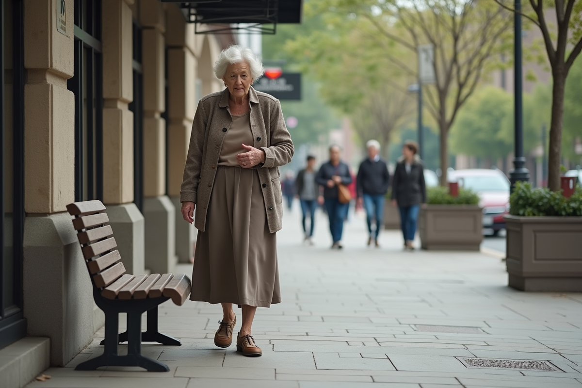 Femme âgée sur le trottoir en ville en pause