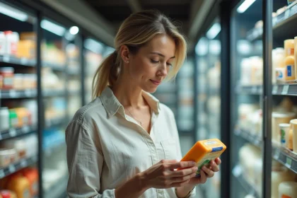 Femme diabétique lisant l'étiquette nutritionnelle d'un fromage dans le rayon frais d'un supermarché