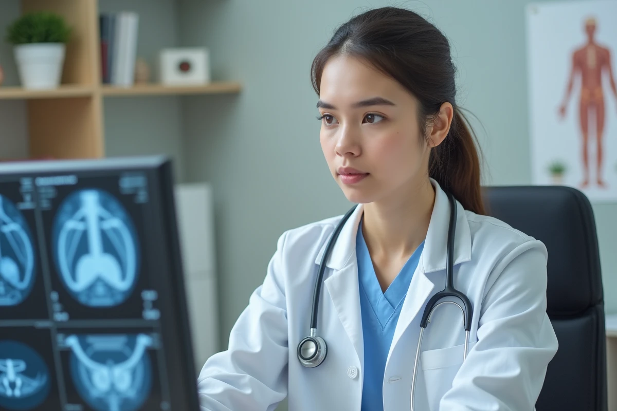 Jeune femme m&eacute;decin analysant des images sur un ordinateur