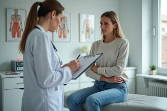 Femme d'environ 45 ans touchant son dos en consultation